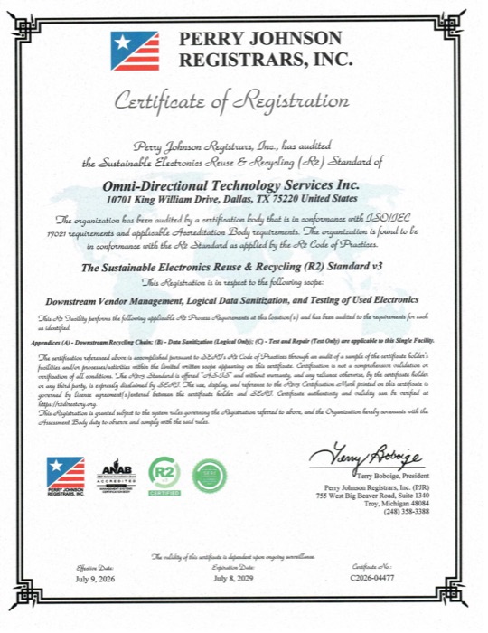 Sustainable Electronics Reuse & Recycling (R2) Standard v3 certificate of registration for Omni-Directional Technology Service INC.