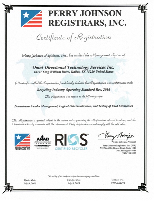 Recycling Industry Operating Standard (RIOS™) Rev. 2016 certificate of registration for Omni-Directional Technology Service INC.